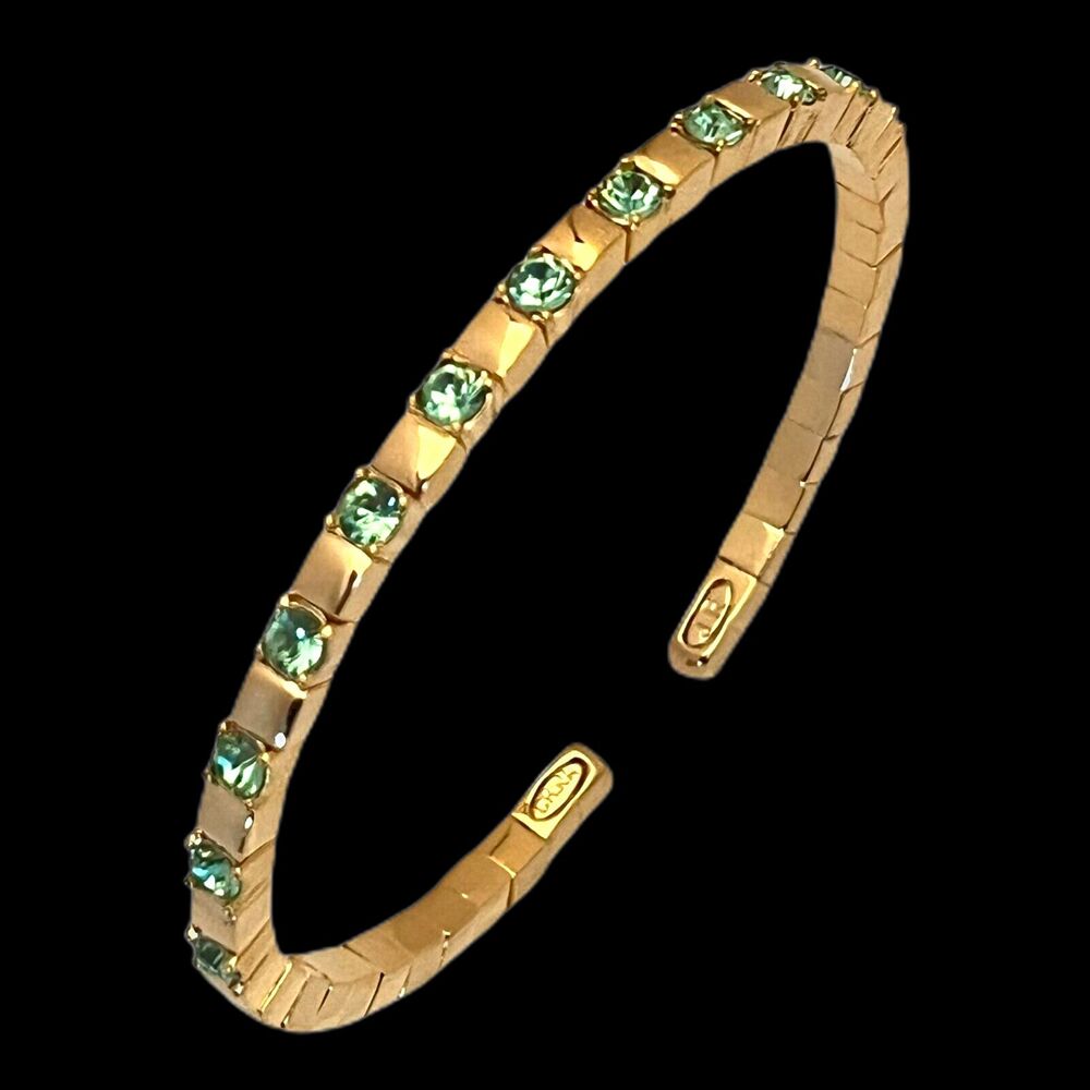 Vintage 1990s Joan Rivers Cuff Bracelet Gold Tone Green Crystals - 13G